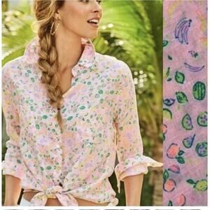 Lilly Pulitzer Sea View Linen Button Down Urchin Pink Lil’ Juicy Fruit Sz L NWOT